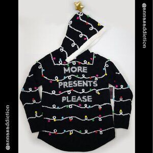 NWT Presents Please Christmas Hoodie Sweater JUNIORS Large  Black Silver Tinsel